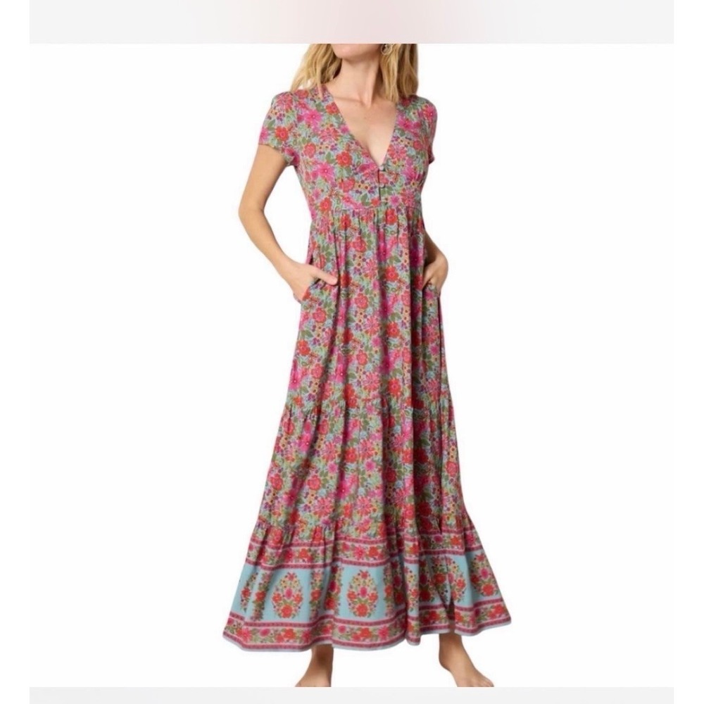 Natural Life Evangeline Floral Boho Maxi Dress L V-Neck Cottagecore Festival